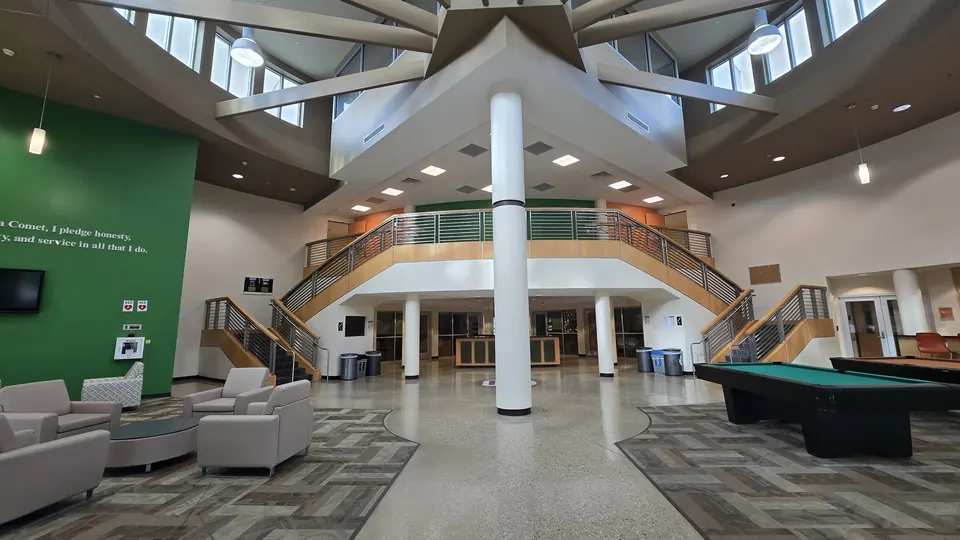 Inside a UT Dallas building atrium
