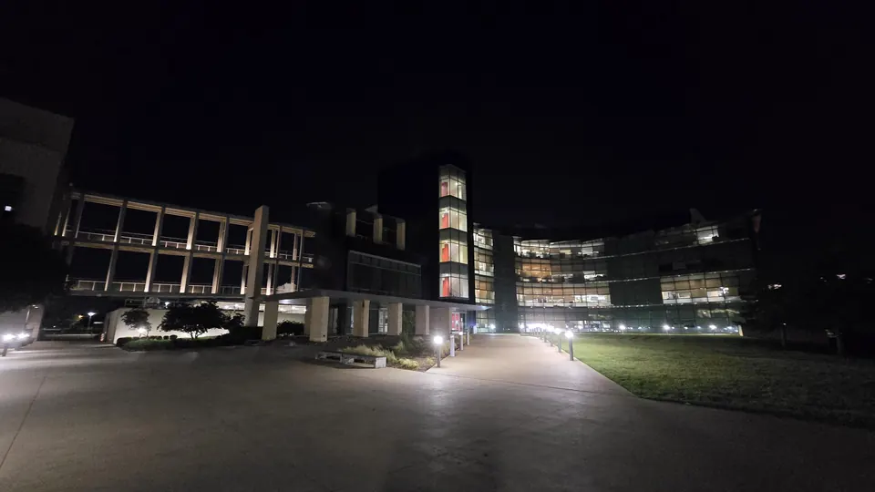 Campus buildings at night