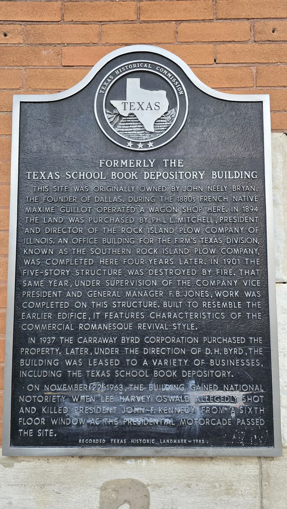Historical marker at the Texas School Book Depository