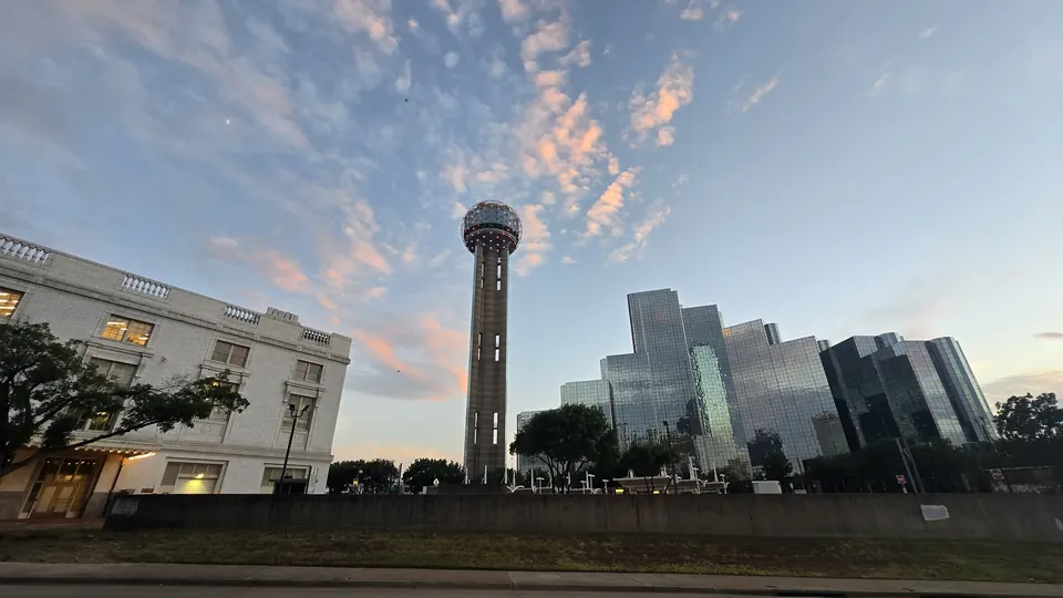 Reunion Tower and the downtown skyline at sunset