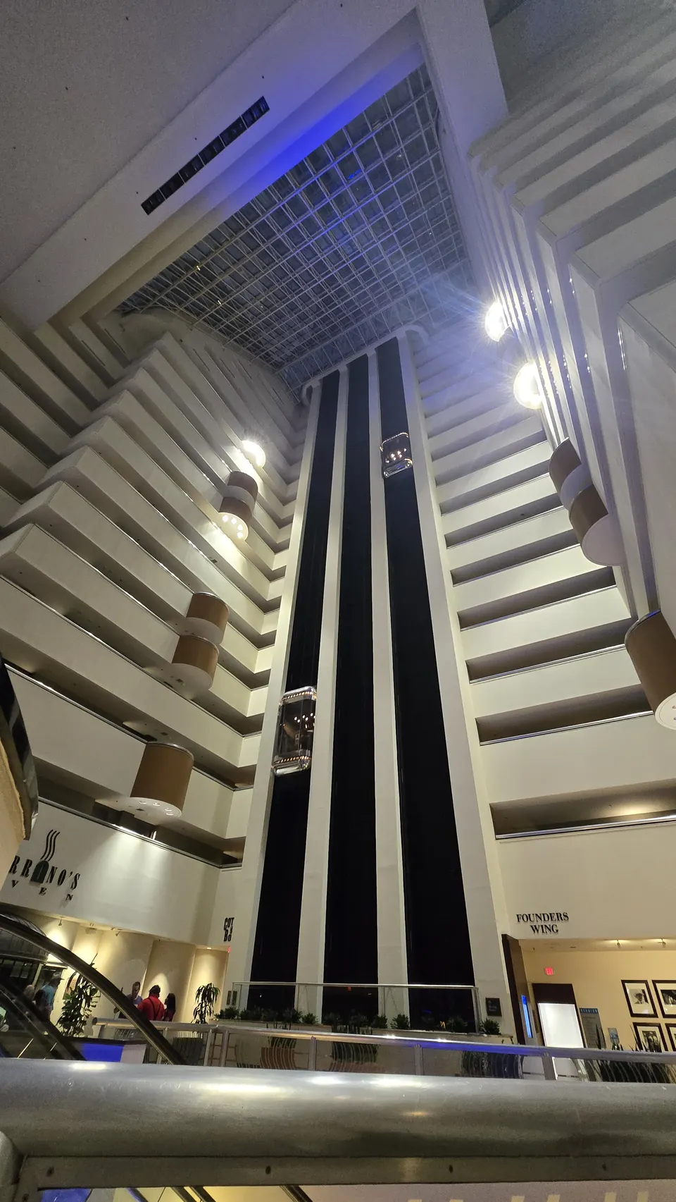 Looking up inside a hotel atrium