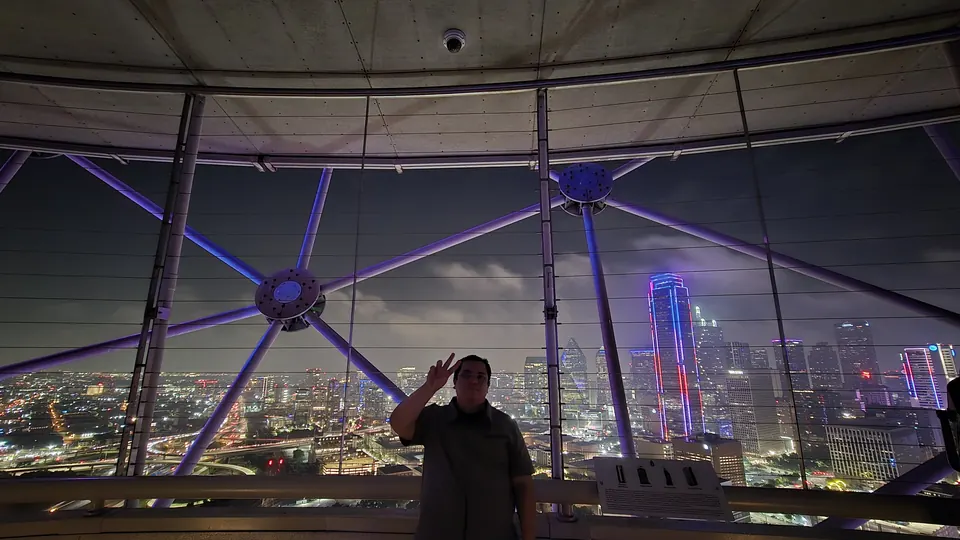 Inside the Reunion Tower observation deck at night
