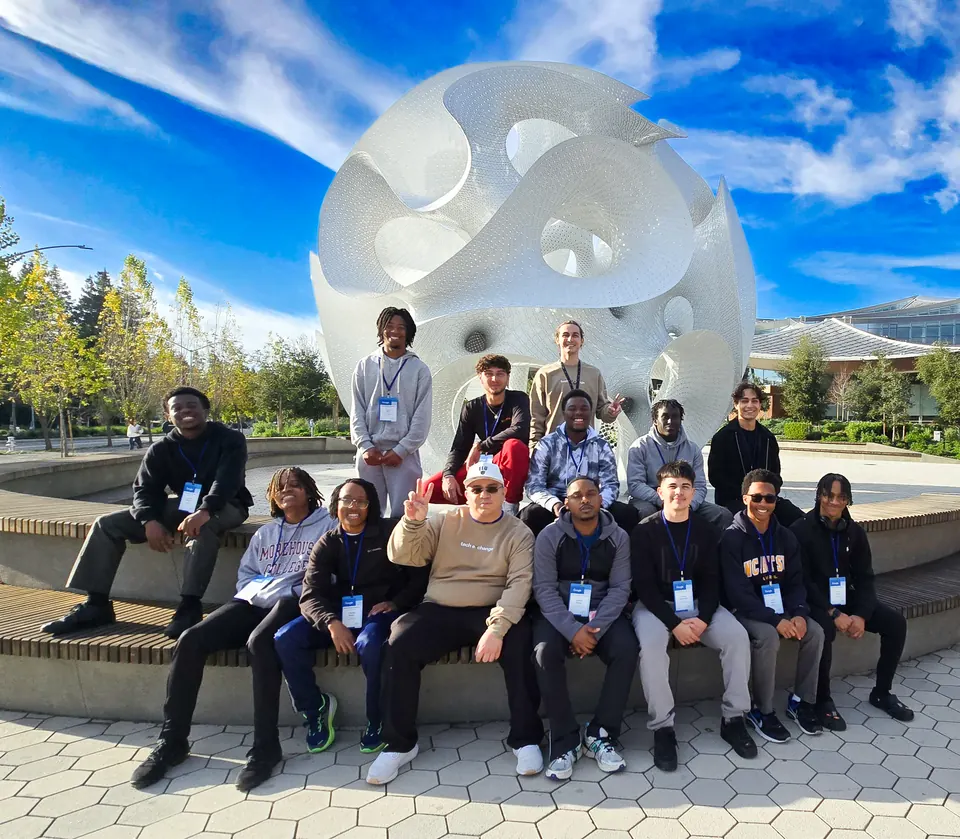Google Tech Exchange students in front of a white sculpture on Google's Mountain View campus