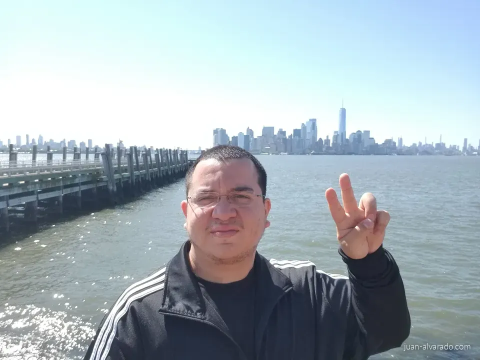 Selfie on the ferry with the Manhattan skyline behind