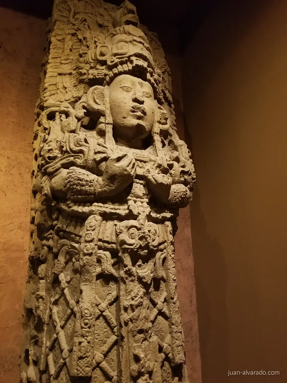 A carved Maya stela in a museum