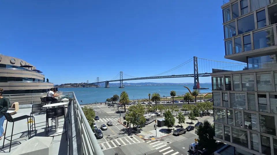Rooftop view of the Bay Bridge and the Embarcadero