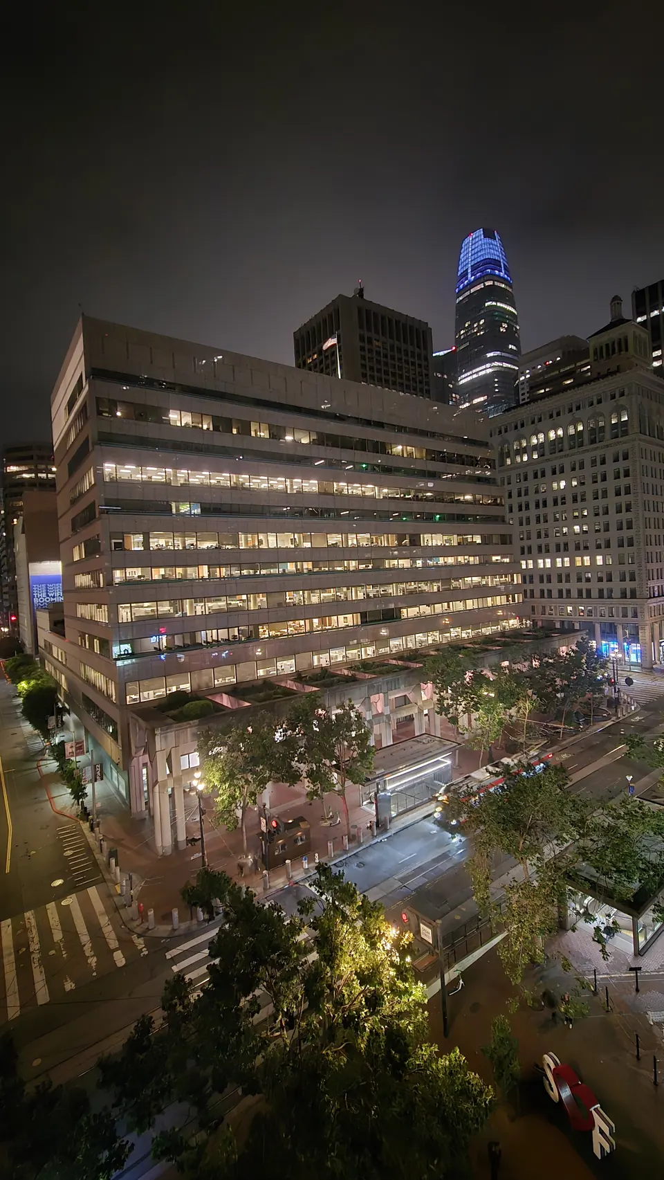 Downtown towers at night from above