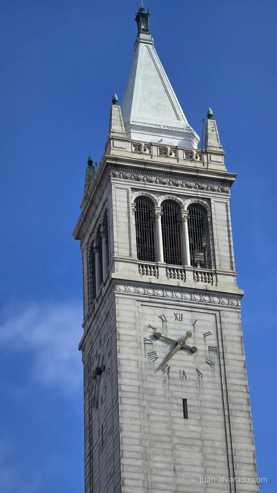 Sather Tower against a clear blue sky
