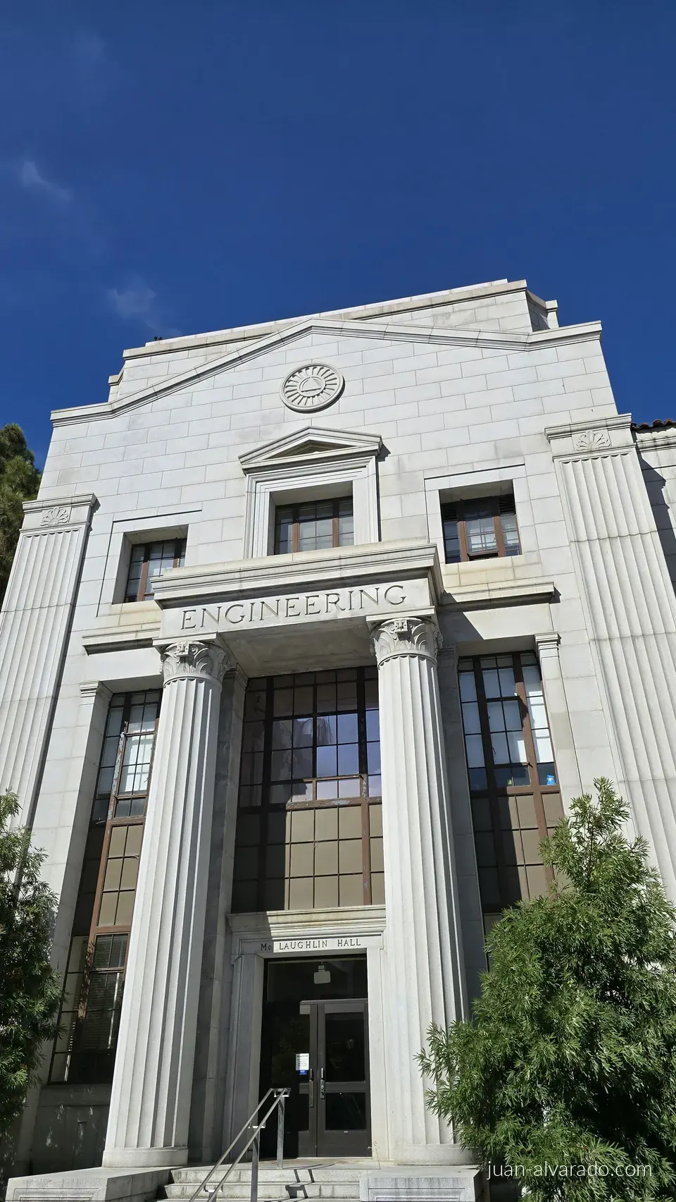 The front of a neoclassical campus building