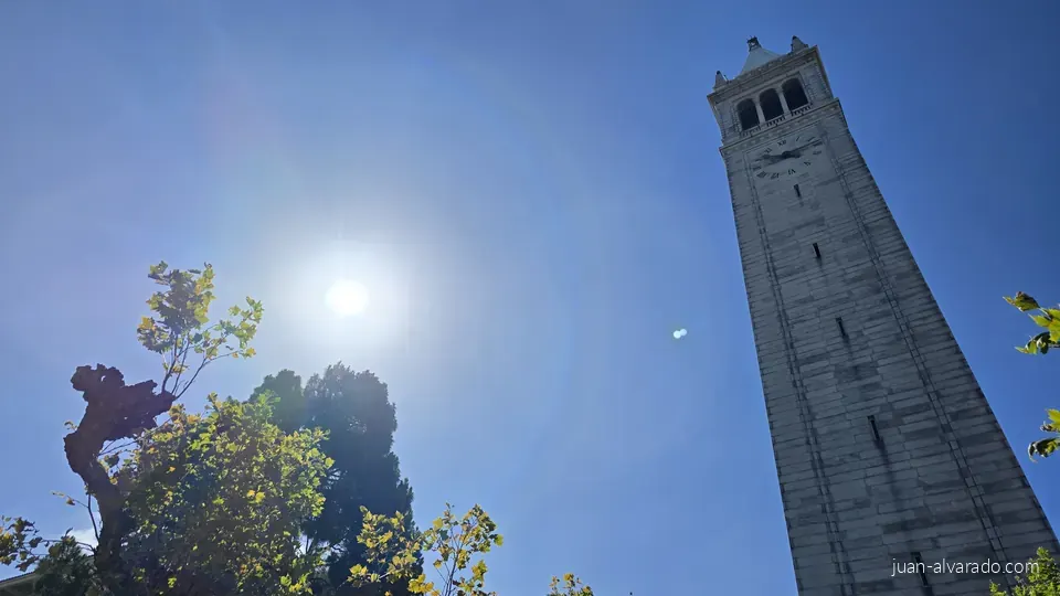 Looking up at Sather Tower in the sun