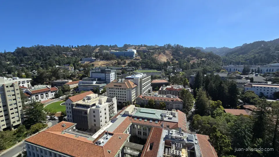 Campus buildings against the Berkeley hills