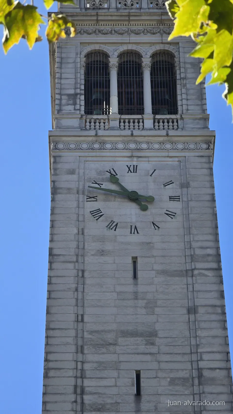 The clock face of Sather Tower