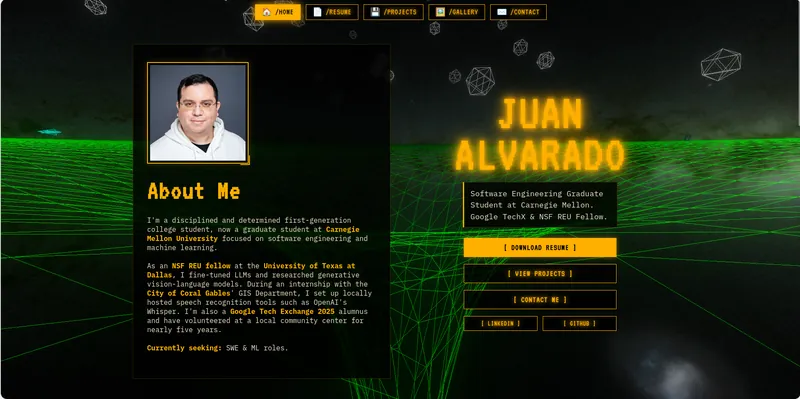 The juan-alvarado.com home page: About Me panel and amber title over its green 3D grid background