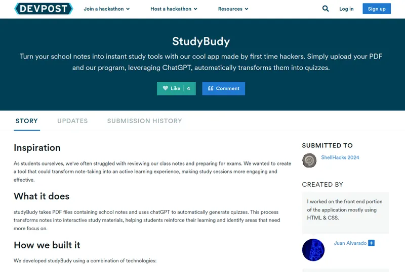 StudyBudy project page on Devpost