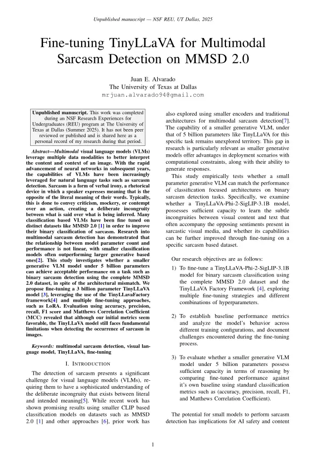 First page of the paper Fine-tuning TinyLLaVA for Multimodal Sarcasm Detection on MMSD 2.0